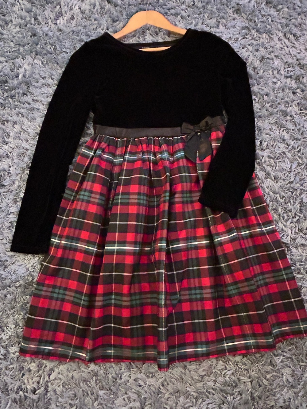 George Black Velvet Top with Red Green Plaid Skirt Dress